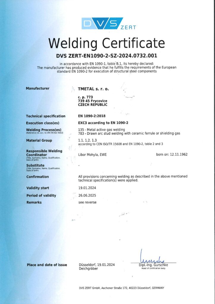 EN Welding certificate EN1090 2 DVS Zert